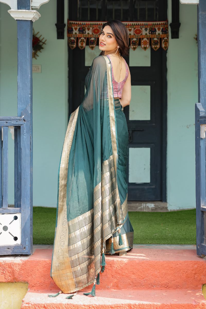 Chiffon in Royal Deep Teal Green for a flowing drape The saree