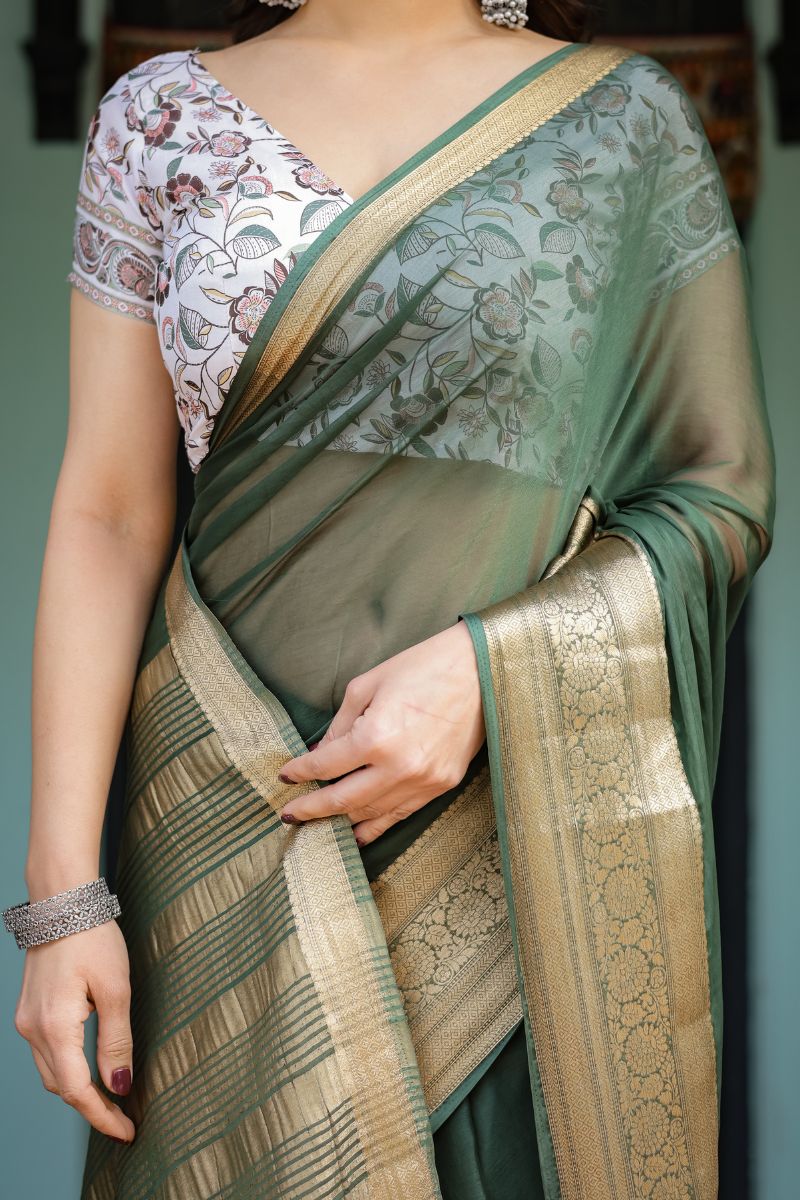 Light Chiffon Saree with Deep Bottle Green Feather
