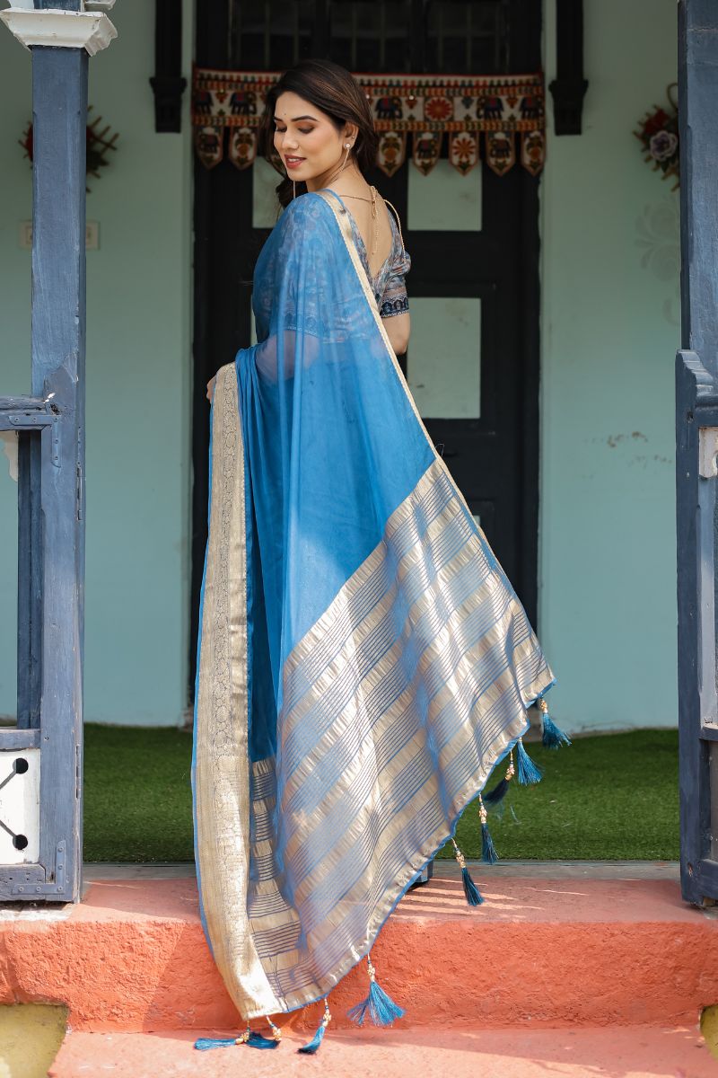 Gorgeous Blue Turquoise Flowy and light chiffon saree