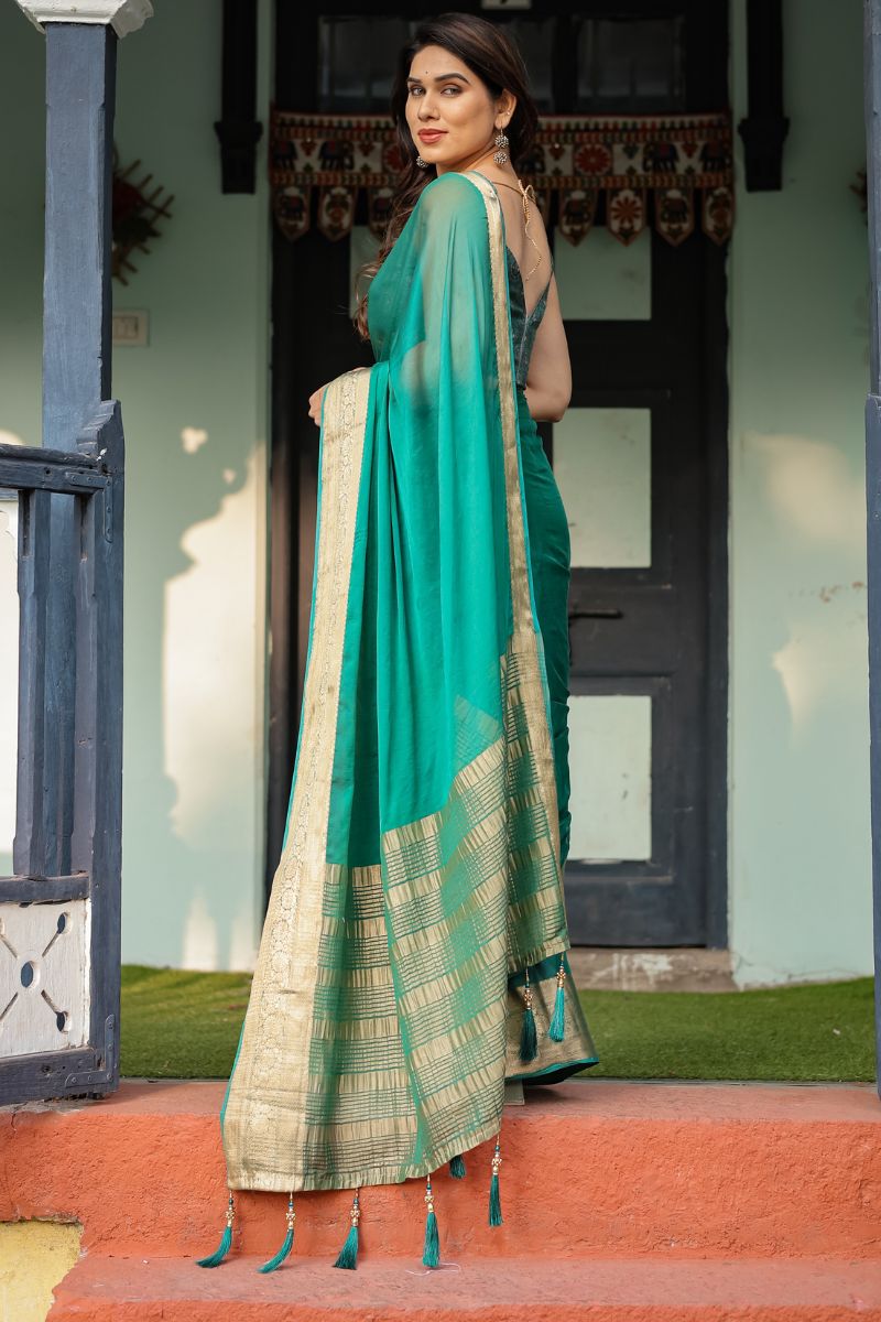 Vibrant Teal Green High-End Chiffon Saree with a supple, breathable fabric