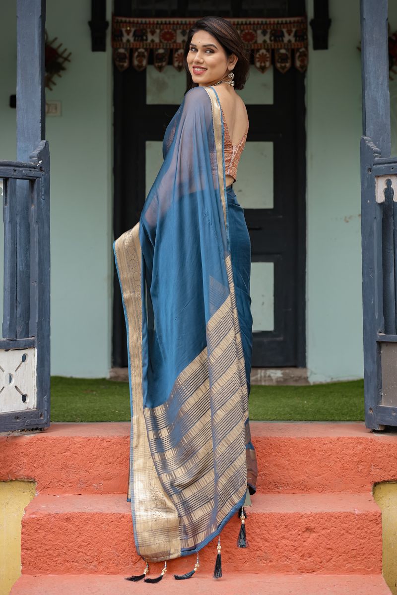 Stylish Slate Blue Saree with a Lightweight, Flowy Chiffon Texture