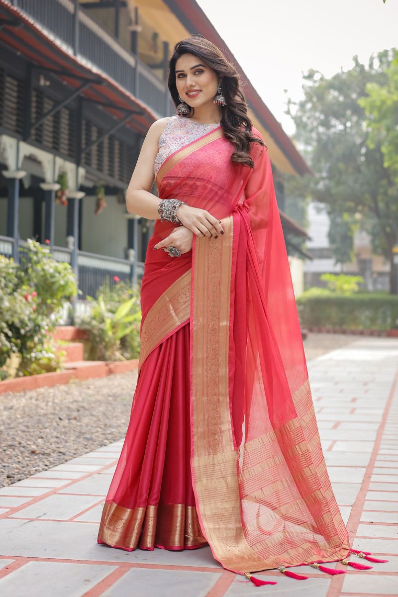 Chiffon Saree with airy, striking coral red light