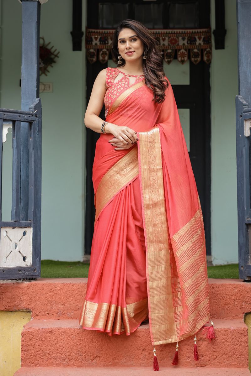 Lightweight Chiffon Saree in Coral Rose for a sophisticated fall ensemble
