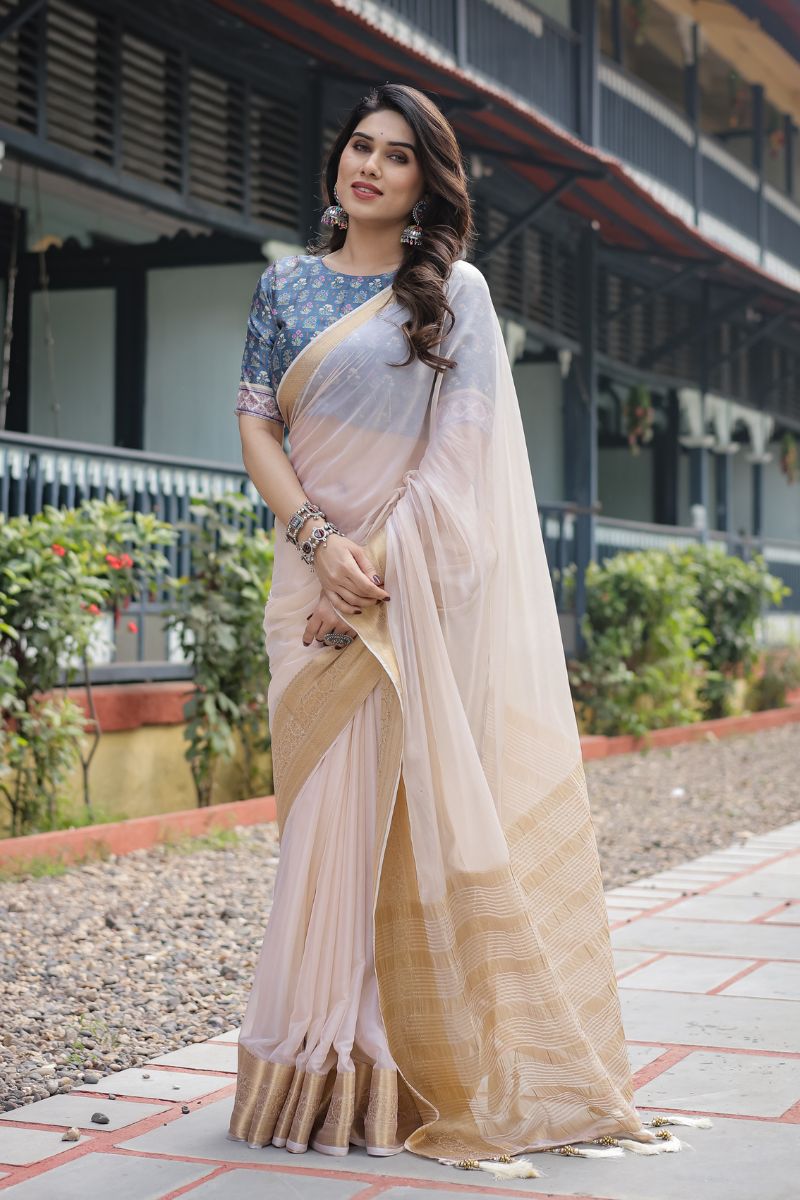 Traditional Lightweight and Flowing Cream White Chiffon Saree