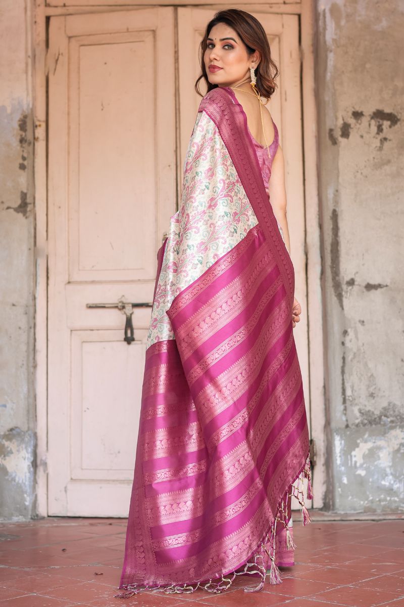 Gorgeous Banarasi Digitally Printed Silk Saree in Pink and Green
