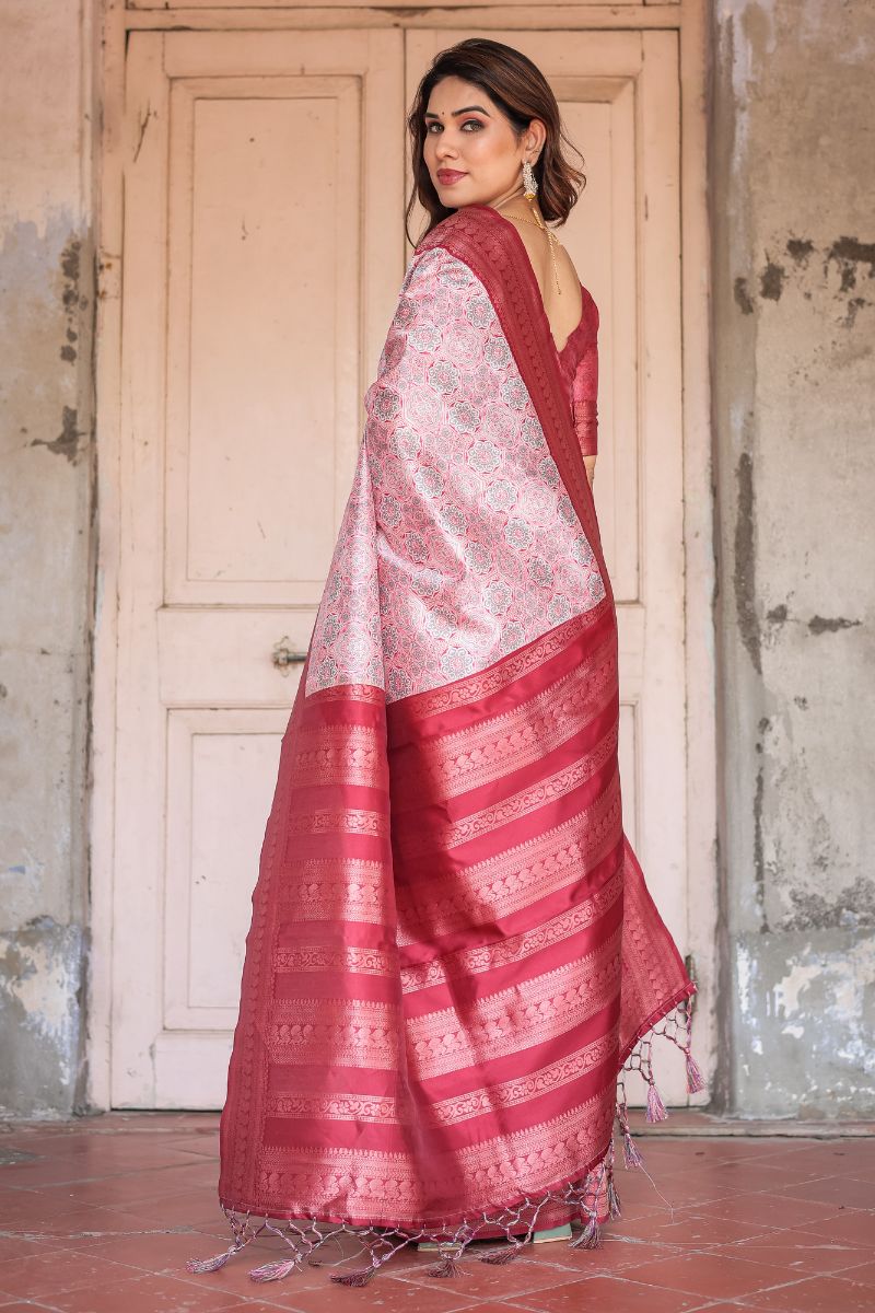Gorgeous Red Base Silk Saree with Banarasi Digital Print