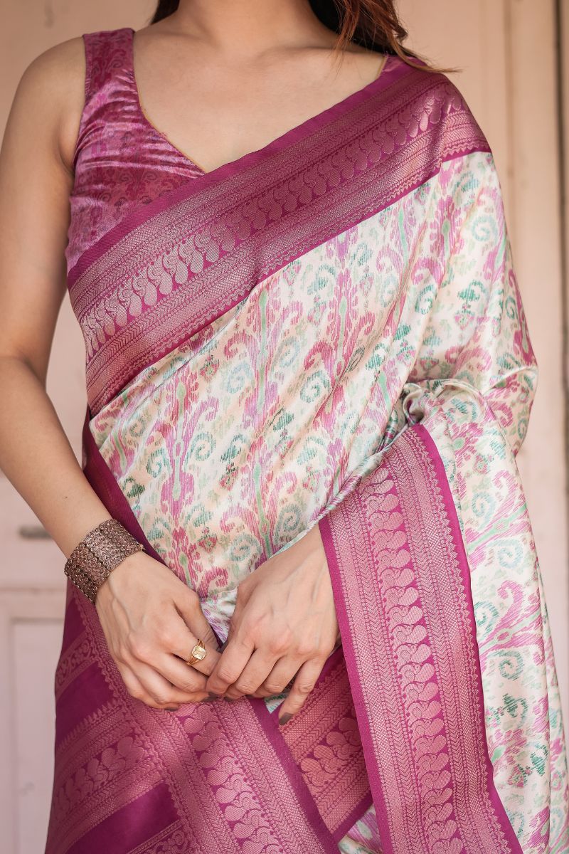 Gorgeous Banarasi Digitally Printed Silk Saree in Pink and Green