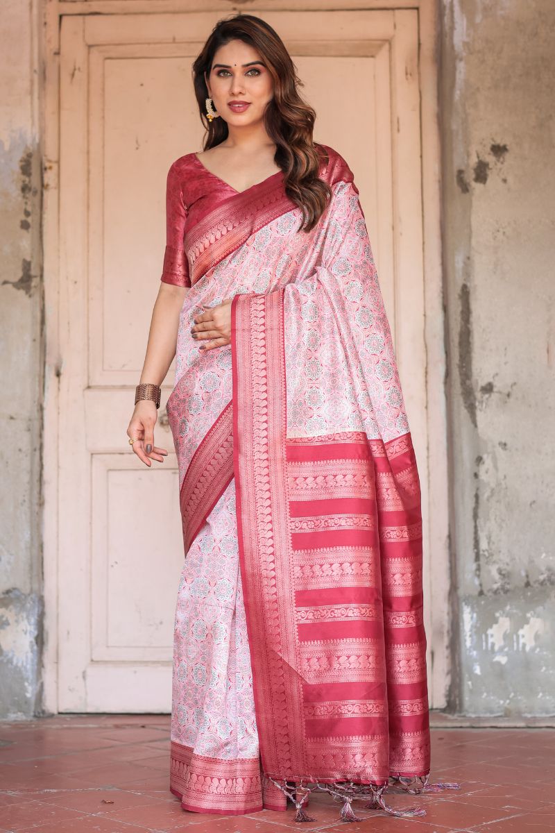 Gorgeous Red Base Silk Saree with Banarasi Digital Print