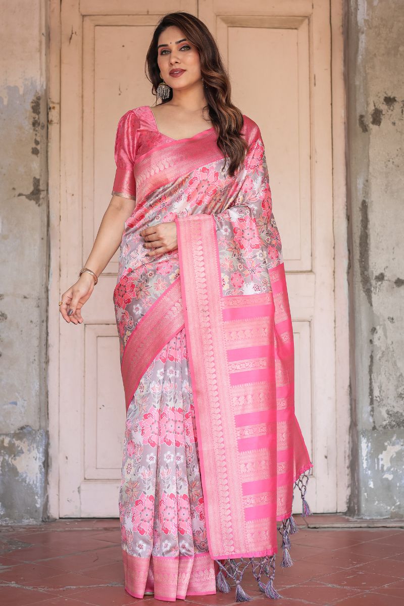 Banarasi Silk Saree with Digital Printing in Pink and Silver