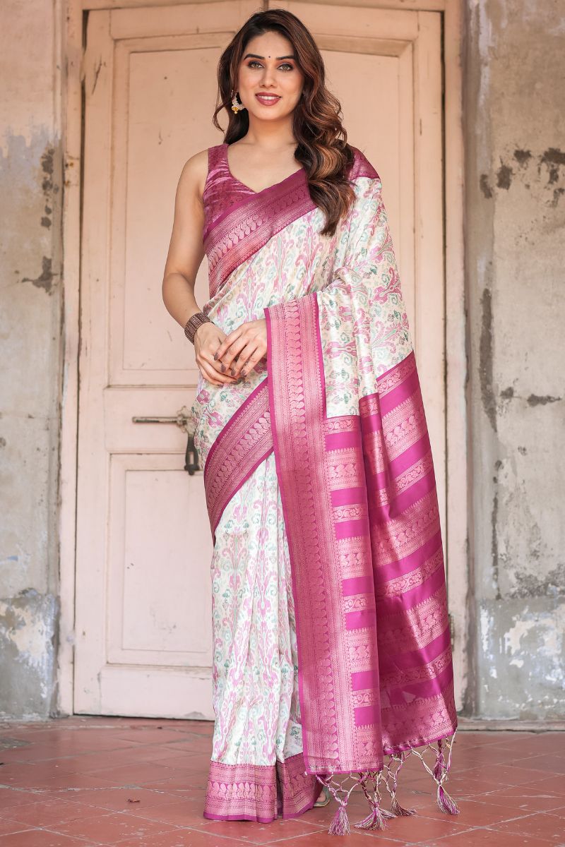 Gorgeous Banarasi Digitally Printed Silk Saree in Pink and Green