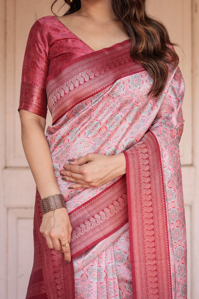 Gorgeous Red Base Silk Saree with Banarasi Digital Print