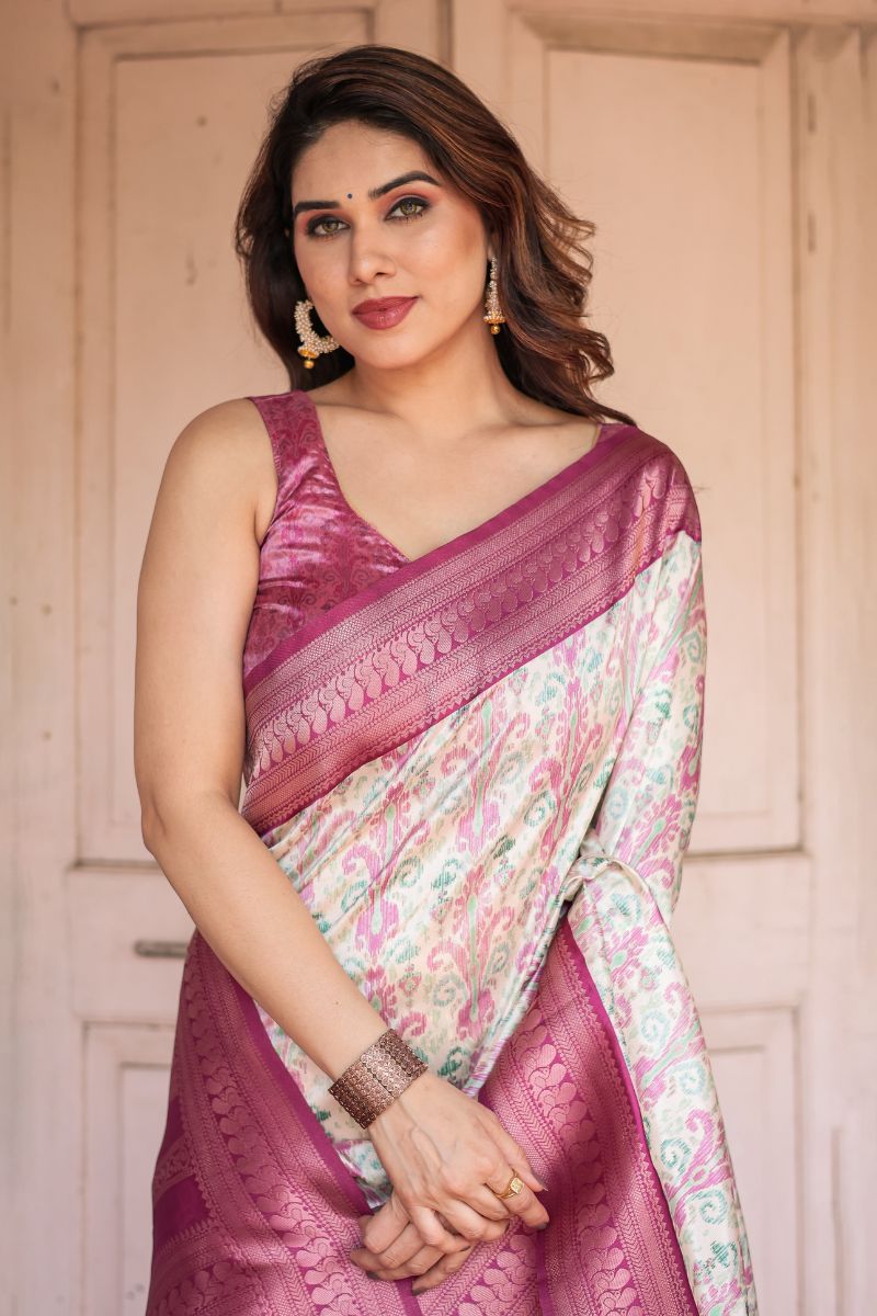 Gorgeous Banarasi Digitally Printed Silk Saree in Pink and Green