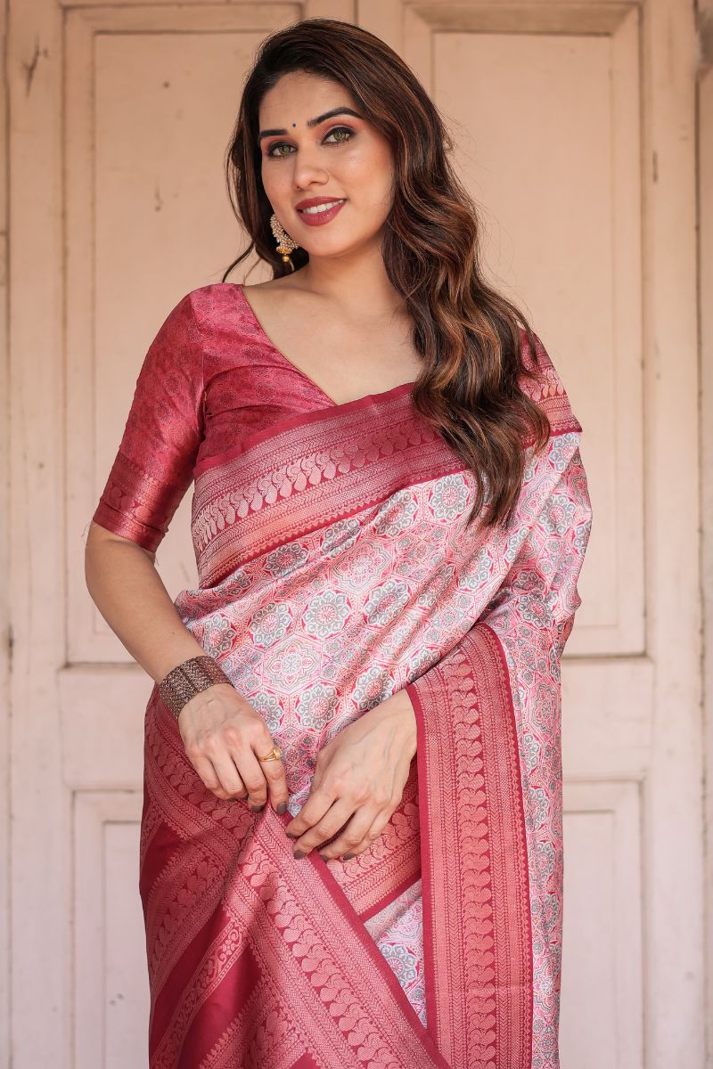 Gorgeous Red Base Silk Saree with Banarasi Digital Print