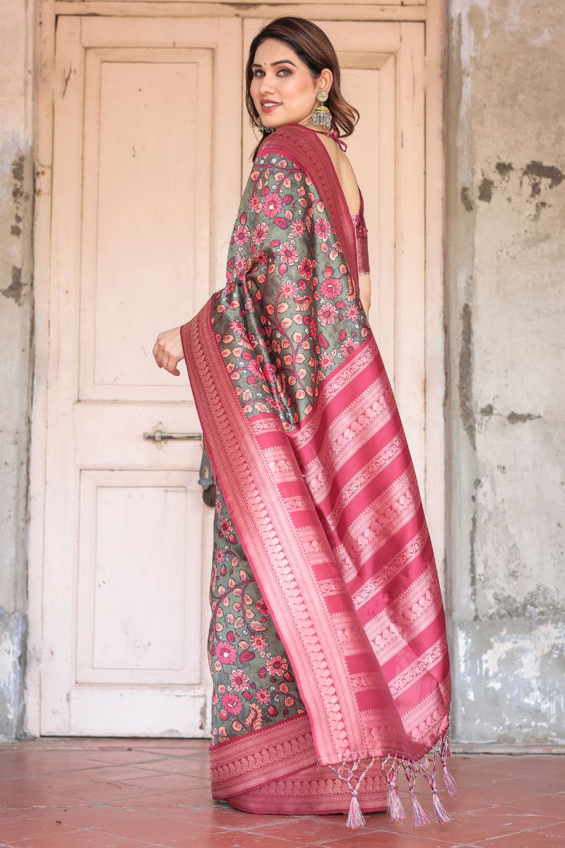 Banarasi Digitally Printed Silk Saree with Rich Olive Green Base
