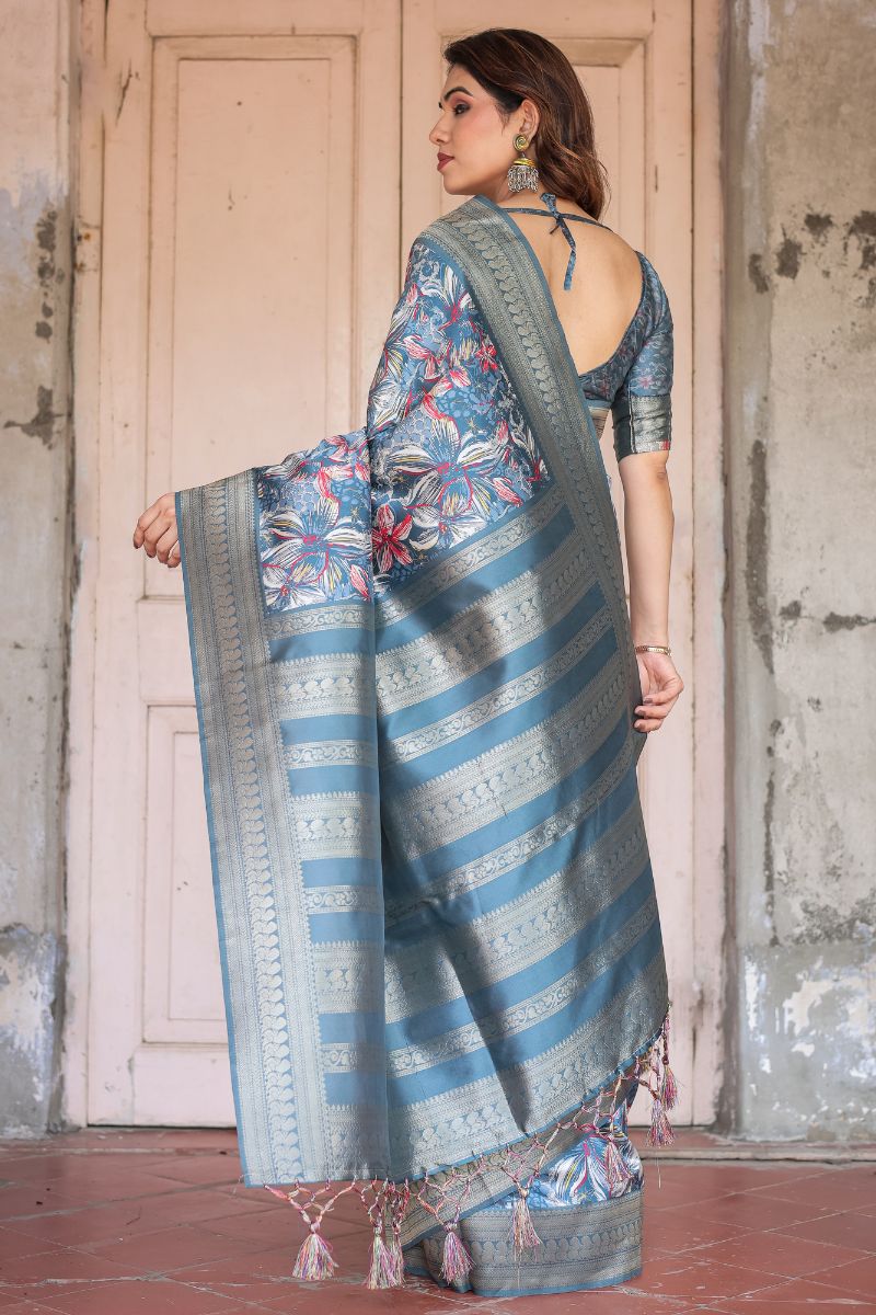 Calm Blue Banarasi Silk Saree with Digital Print