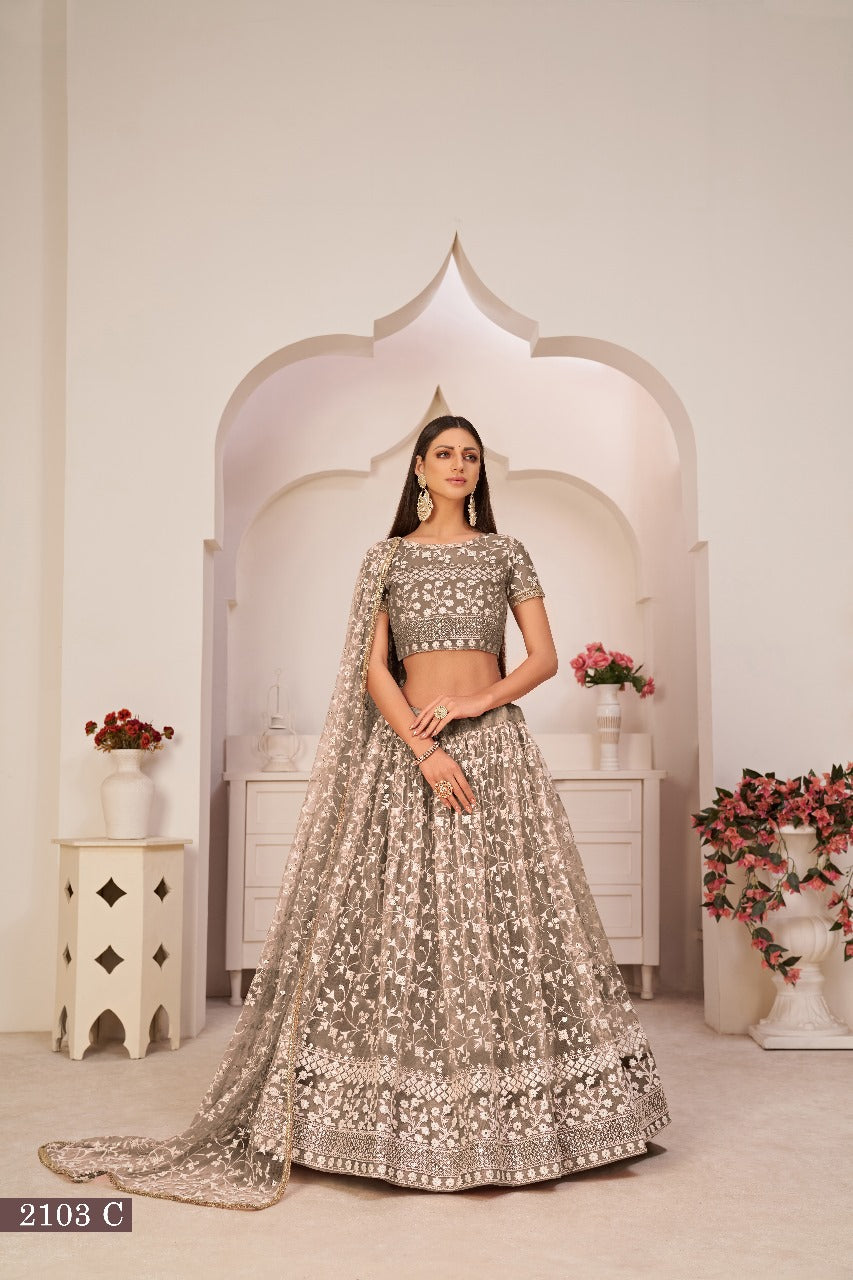 Sareely Brown Thread Net Festive Wear Lehenga Choli