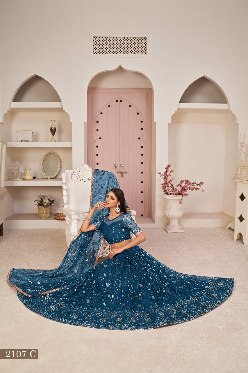 Sareely Blue Women Embellished & Embroidered Flared Lehenga Choli Set with Dupatta