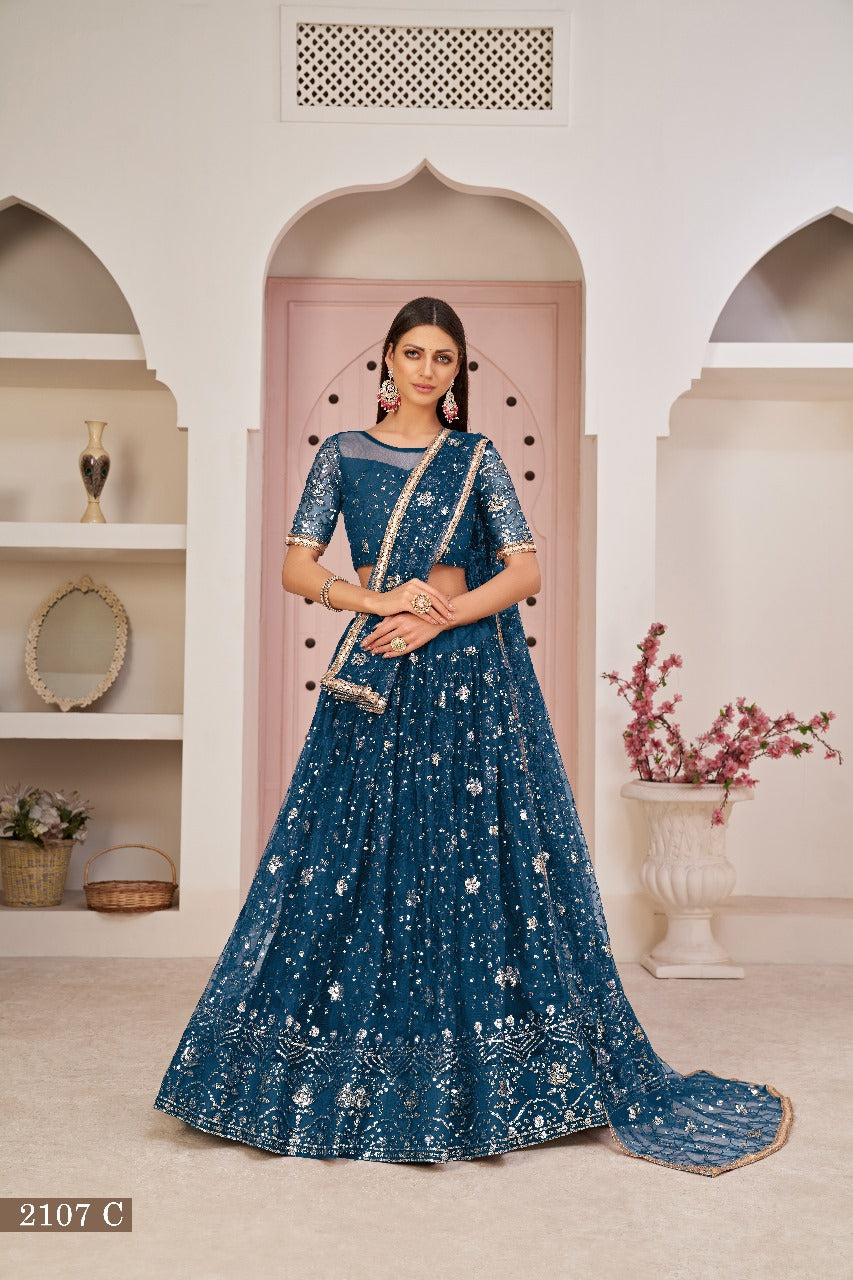 Sareely Blue Women Embellished & Embroidered Flared Lehenga Choli Set with Dupatta