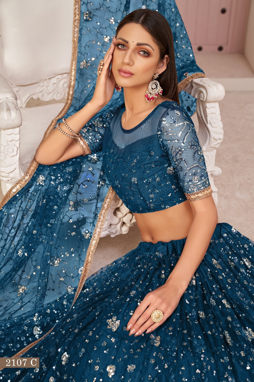 Sareely Blue Women Embellished & Embroidered Flared Lehenga Choli Set with Dupatta