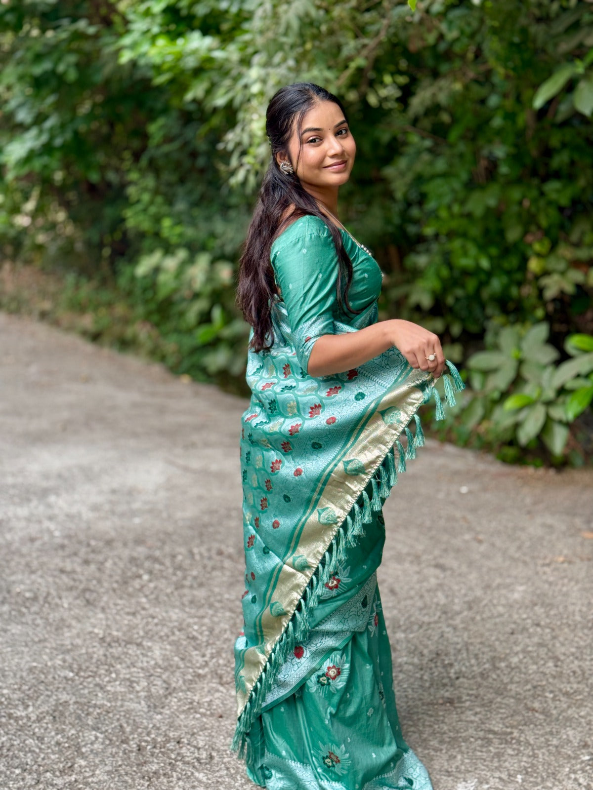 Maslin Cotton Silk Saree with Half-and-Half Floral & Minakari Print, Zari Jacquard Border, and Rich Pallu