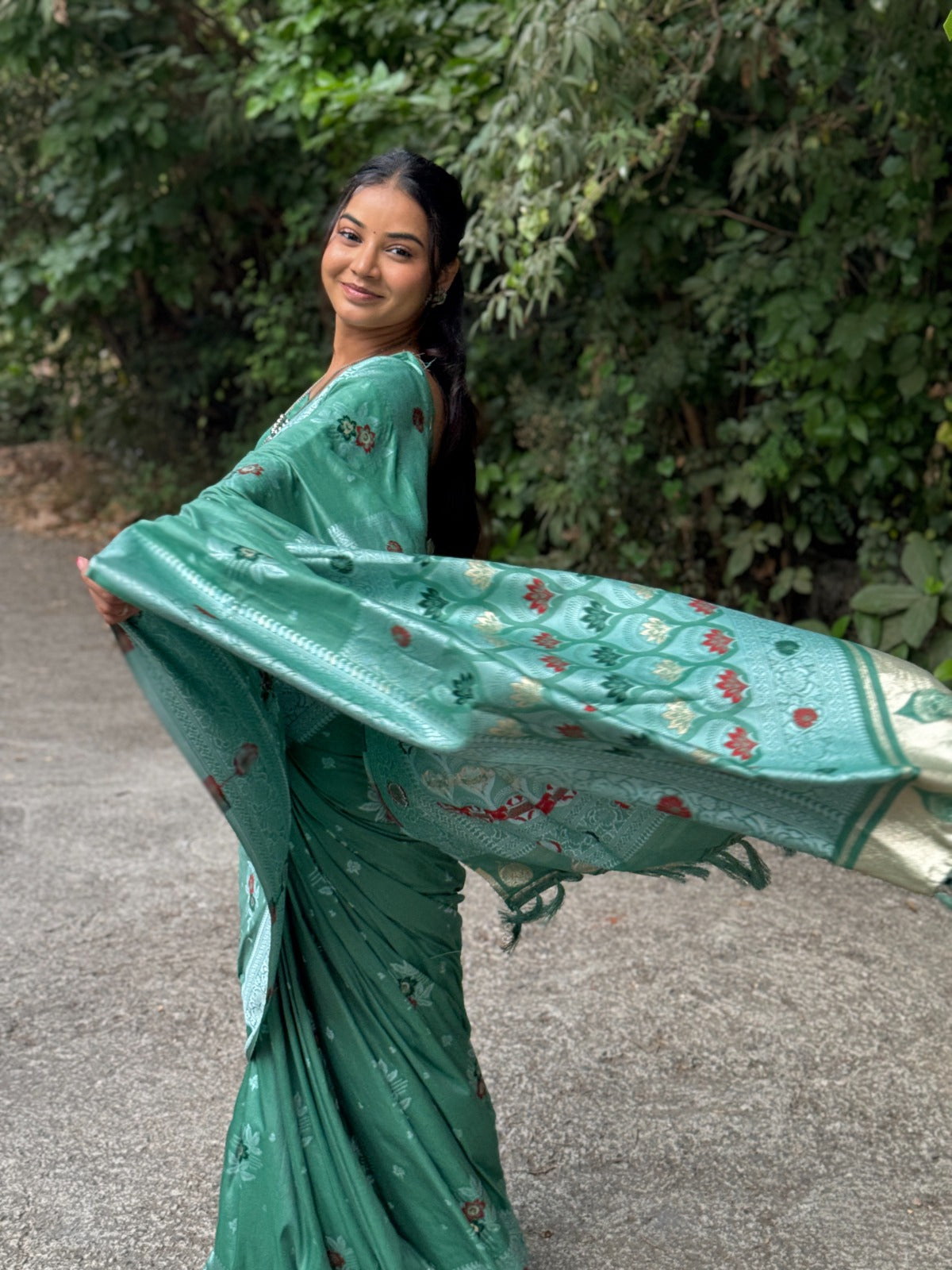 Maslin Cotton Silk Saree with Half-and-Half Floral & Minakari Print, Zari Jacquard Border, and Rich Pallu