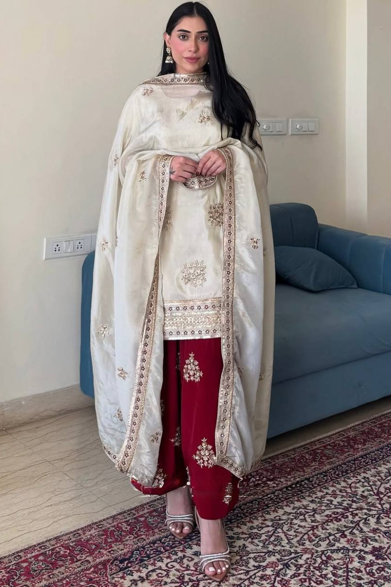 Three-piece Kurta Dupatta Sharara Suit Set in White and Red Made of Heavy Pure Chinnon Silk.