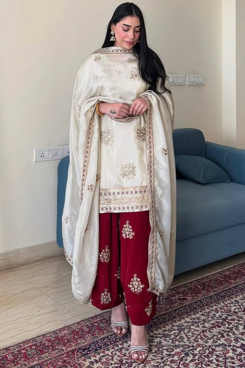 Three-piece Kurta Dupatta Sharara Suit Set in White and Red Made of Heavy Pure Chinnon Silk.