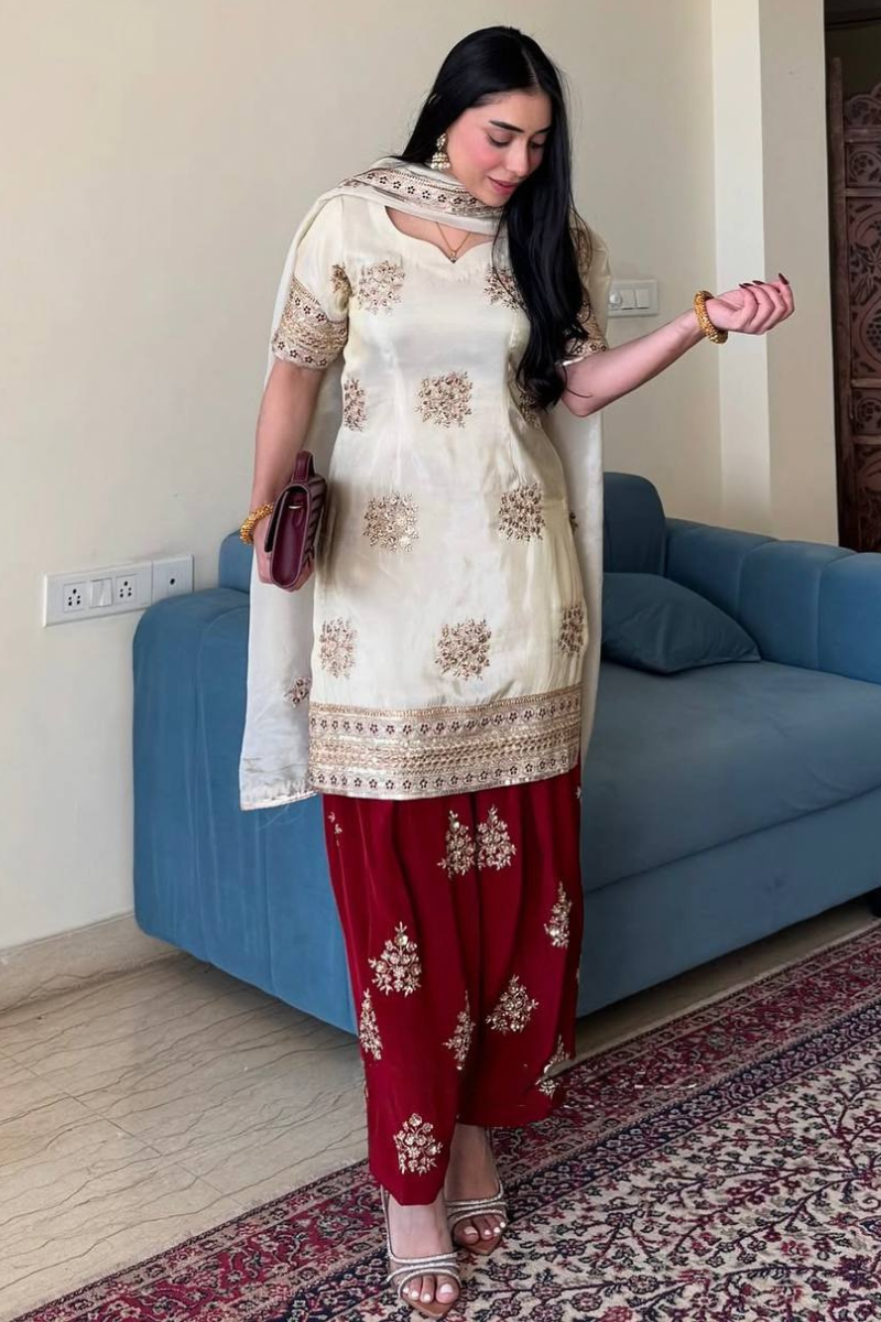 Three-piece Kurta Dupatta Sharara Suit Set in White and Red Made of Heavy Pure Chinnon Silk.