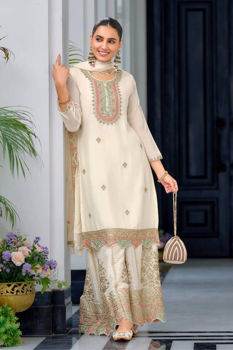 Embroidered White Heavy Chinon Silk Sharara Dupatta Suit Set