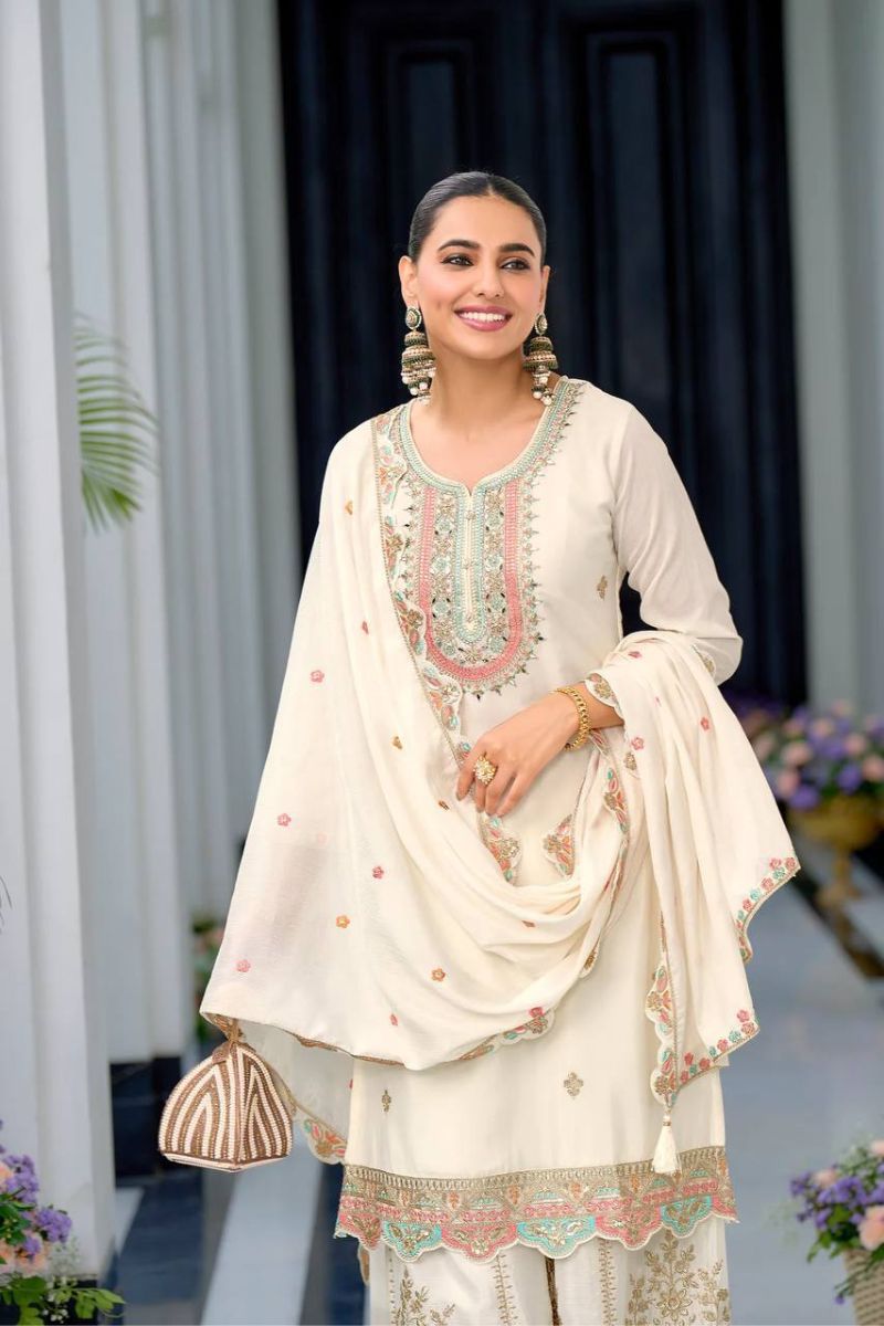 Embroidered White Heavy Chinon Silk Sharara Dupatta Suit Set