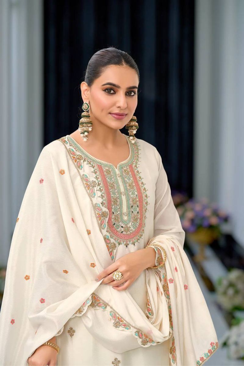 Embroidered White Heavy Chinon Silk Sharara Dupatta Suit Set