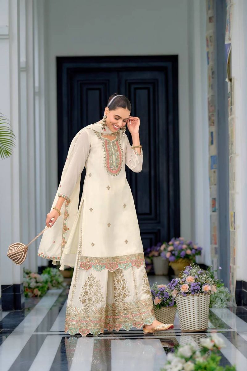 Embroidered White Heavy Chinon Silk Sharara Dupatta Suit Set