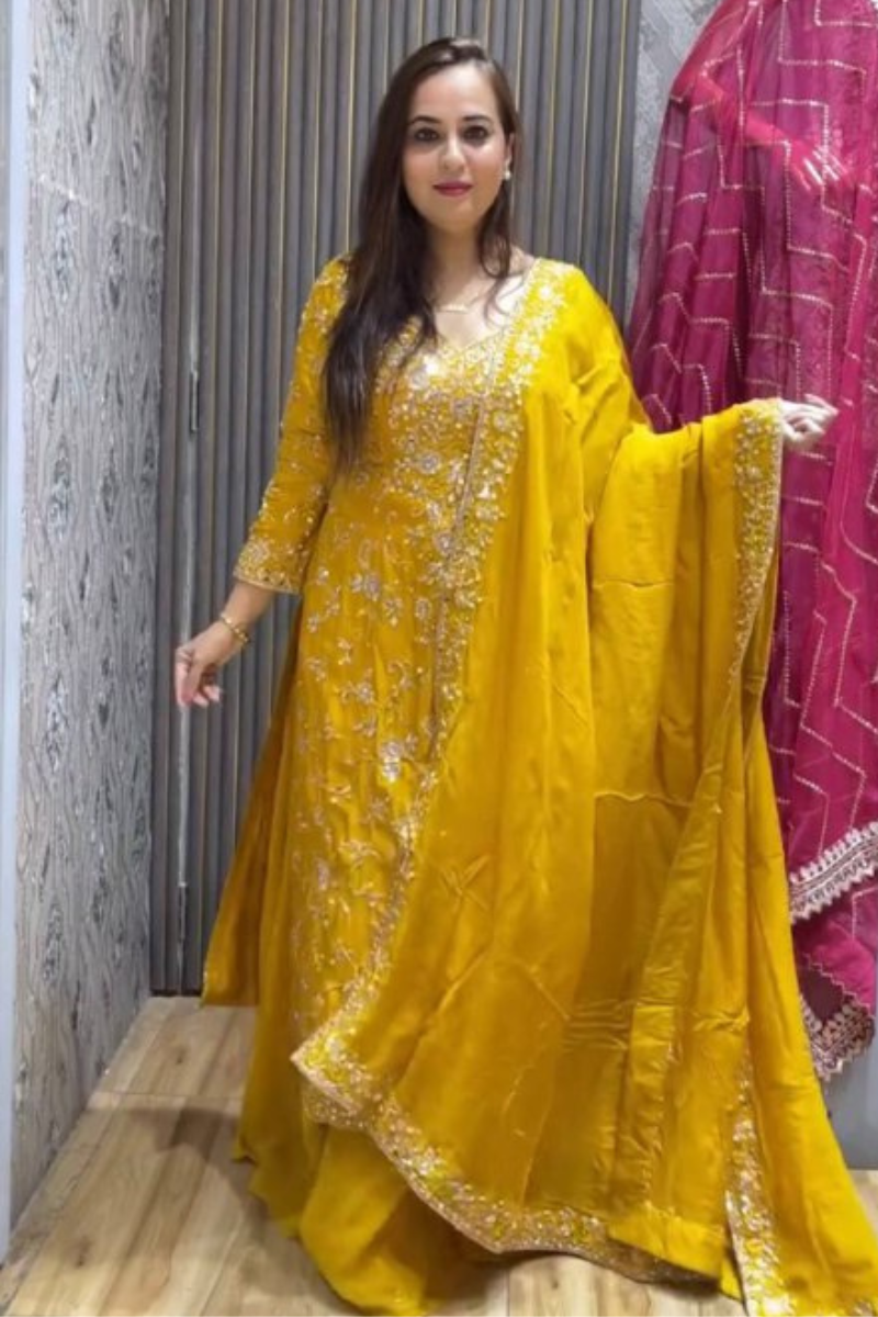 Vichitra Silk Sharara Dupatta Set in Yellow Heavy