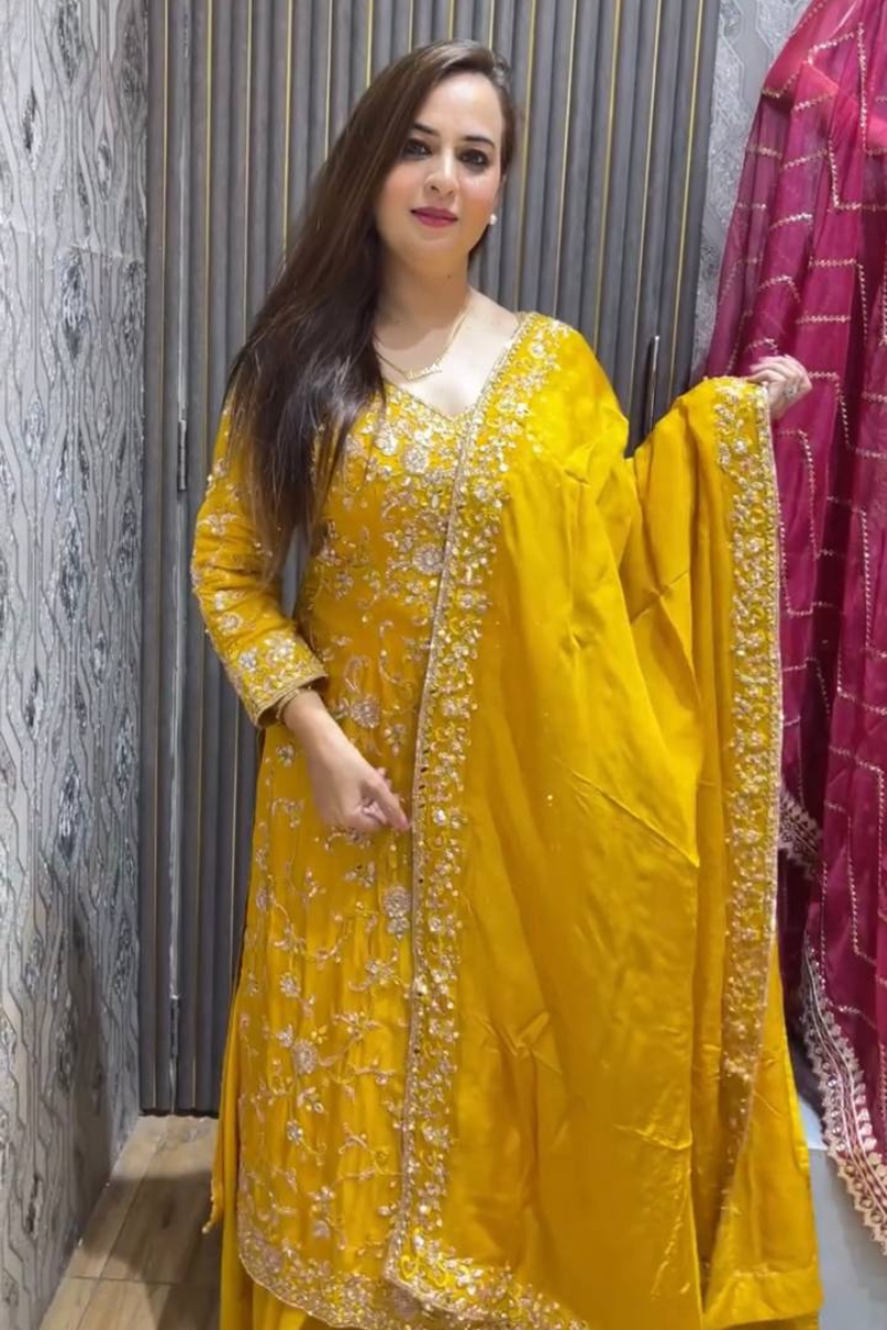 Vichitra Silk Sharara Dupatta Set in Yellow Heavy