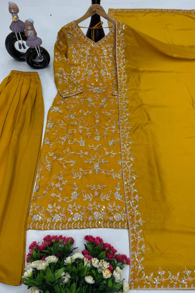 Vichitra Silk Sharara Dupatta Set in Yellow Heavy