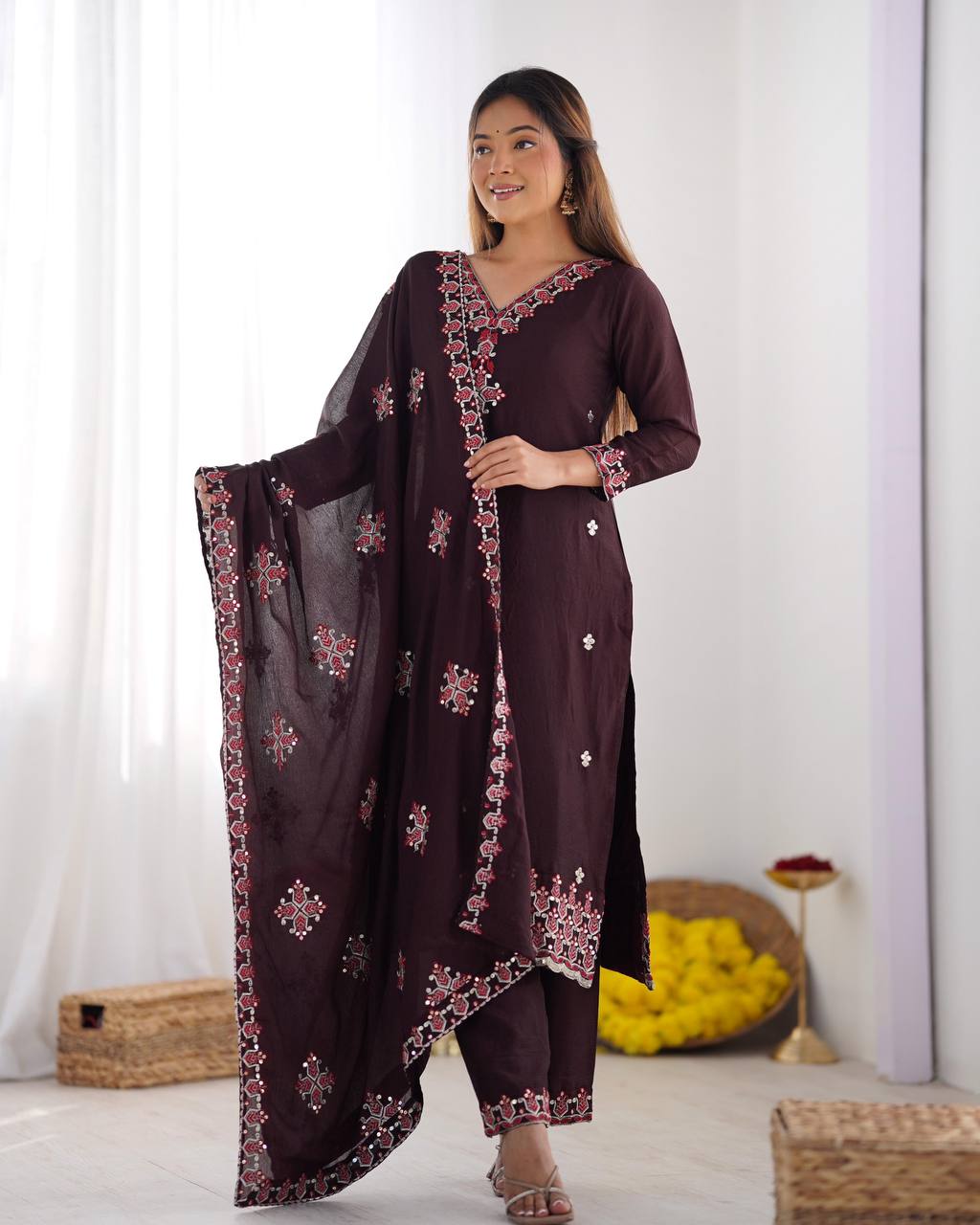 Brown Heavy Pure Chinnon Silk Kurta Dupatta Pant Set