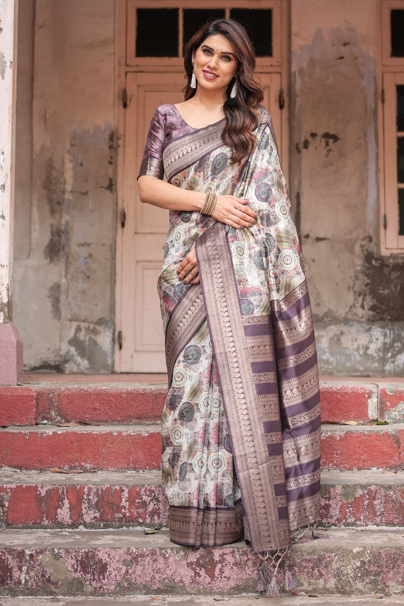 Digitally Printed Silk Saree with an Abstract Circular Banarasi Design