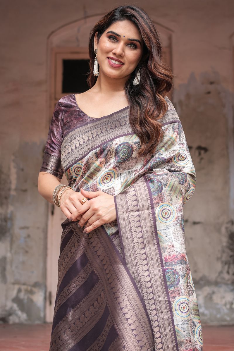Digitally Printed Silk Saree with an Abstract Circular Banarasi Design