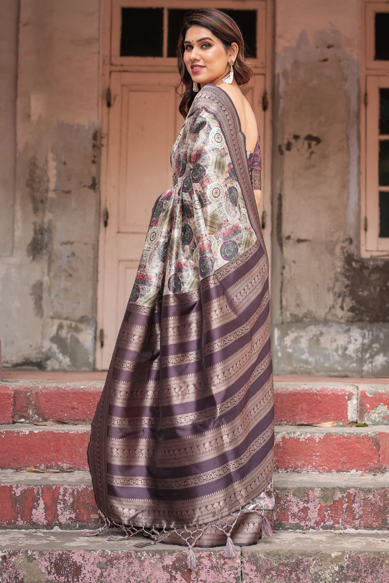 Digitally Printed Silk Saree with an Abstract Circular Banarasi Design