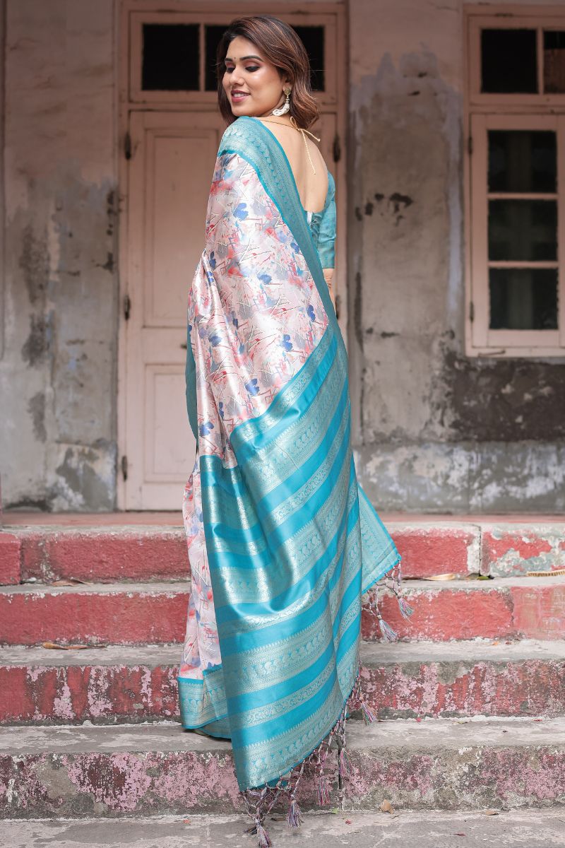 Banarasi Silk Saree in Aqua and Pastel Tone with Digital Print