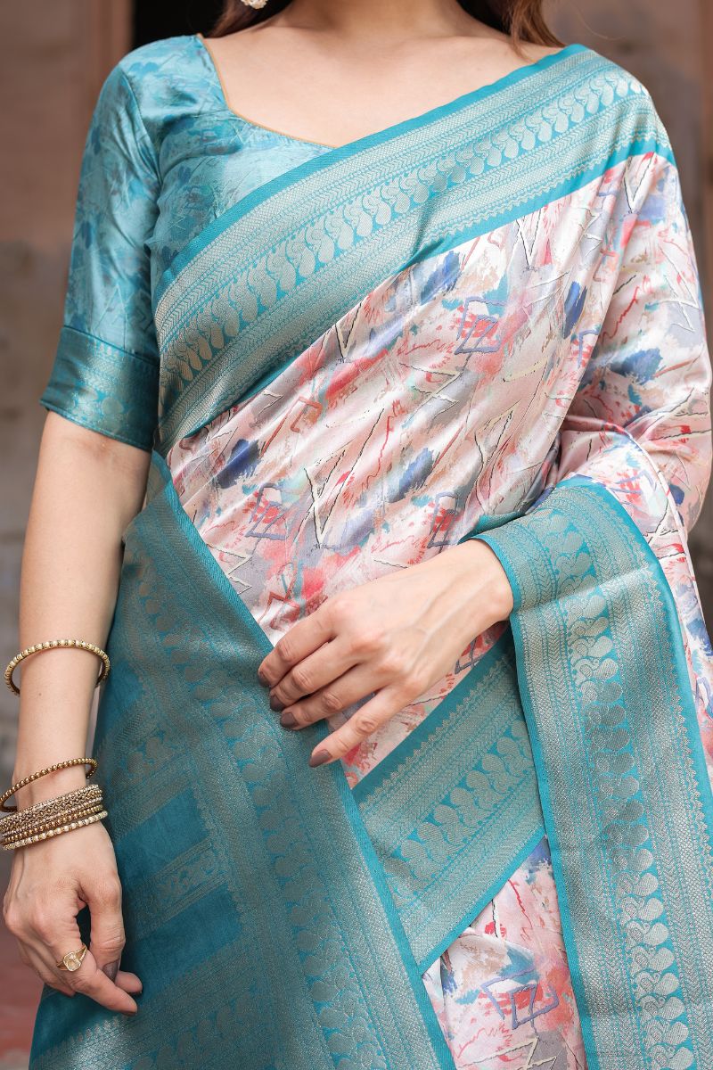 Banarasi Silk Saree in Aqua and Pastel Tone with Digital Print