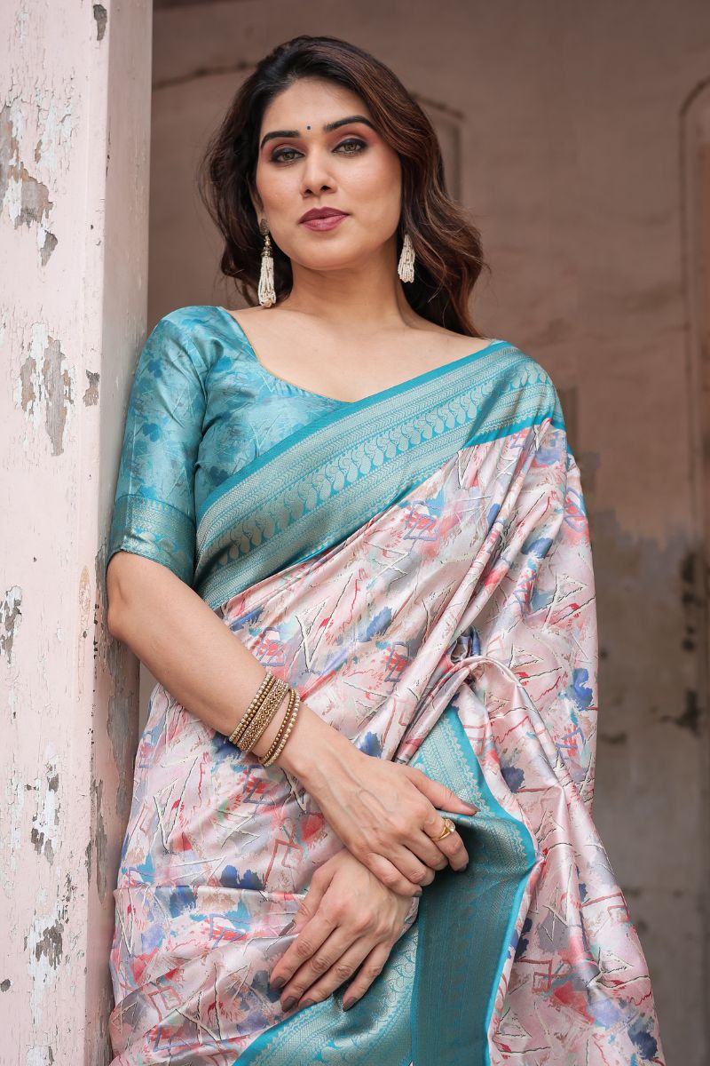 Banarasi Silk Saree in Aqua and Pastel Tone with Digital Print