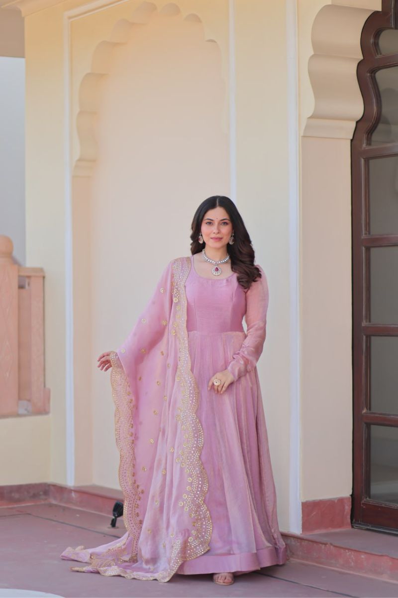 Fendy's baby pink chiffon gown with sequins