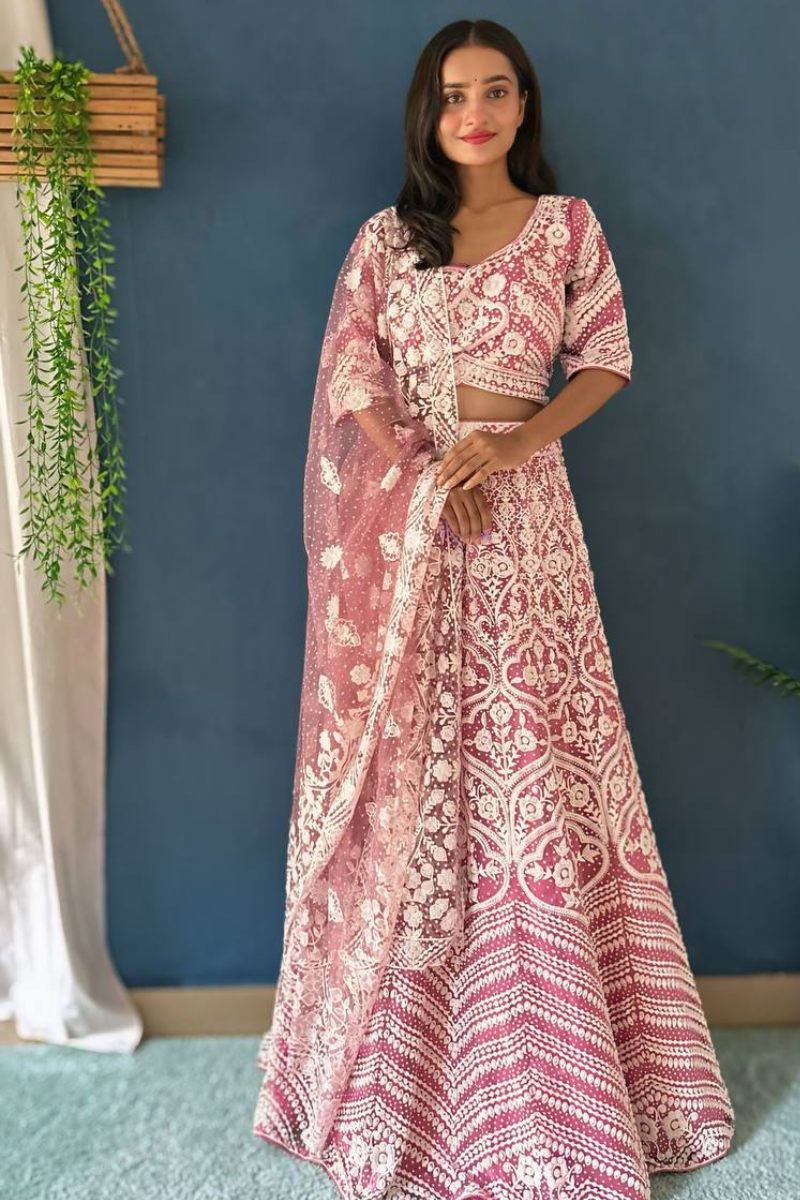 Design Work for Baby Pink Lehanga Choli Dupatta Set with Pure Bitts Pearls