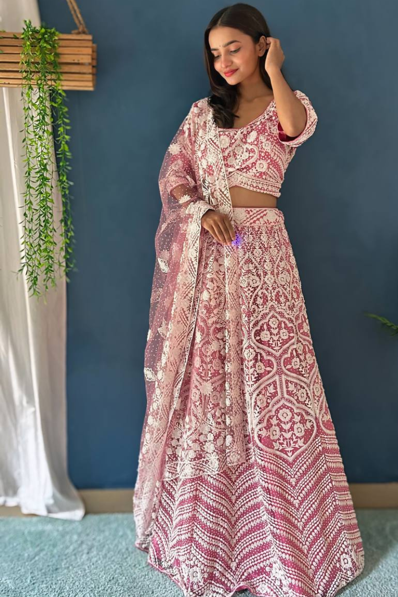 Design Work for Baby Pink Lehanga Choli Dupatta Set with Pure Bitts Pearls