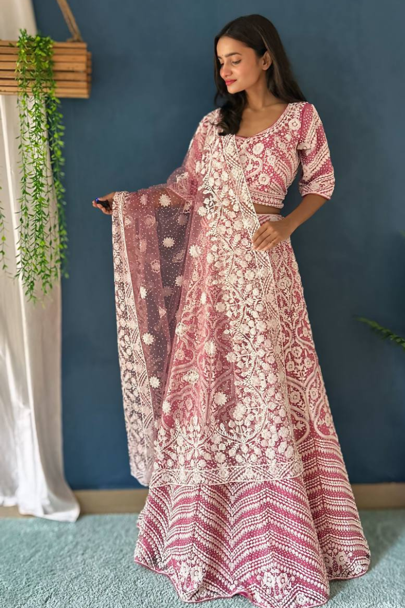 Design Work for Baby Pink Lehanga Choli Dupatta Set with Pure Bitts Pearls
