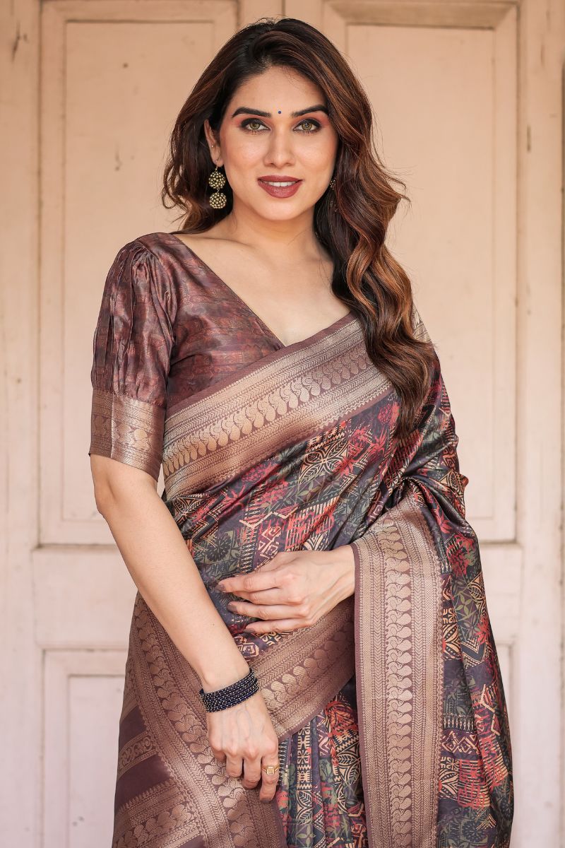 Printed traditional Banarasi soft weaving saree.