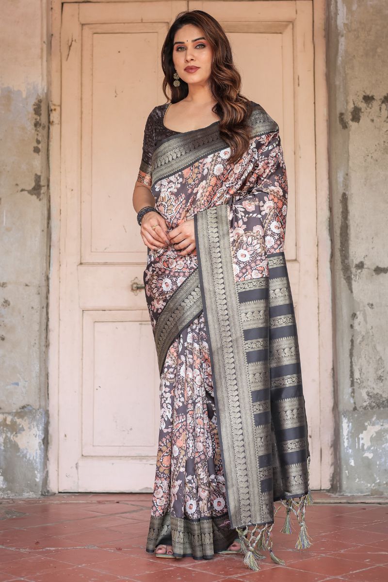 Saree made of Banarasi silk with a digital geometric print