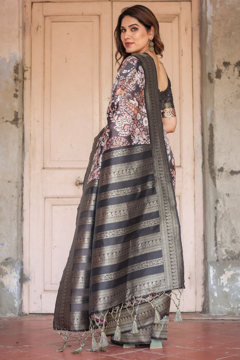 Saree made of Banarasi silk with a digital geometric print