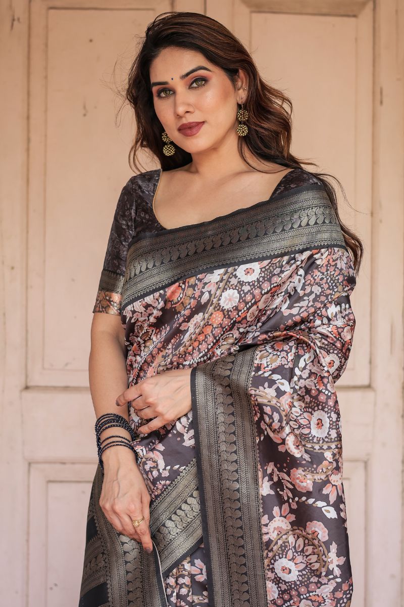 Saree made of Banarasi silk with a digital geometric print